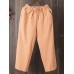 Women Elastic Waist Solid Linen Cotton Pants