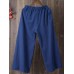 Women Elastic Waist Solid Linen Cotton Pants