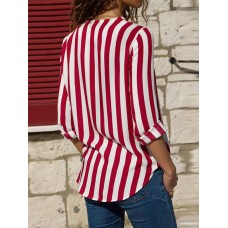 Women Casual V-neck Stripe Irregular Long Sleeve Blouse