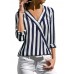 Women Casual V-neck Stripe Irregular Long Sleeve Blouse