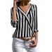 Women Casual V-neck Stripe Irregular Long Sleeve Blouse