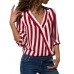 Women Casual V-neck Stripe Irregular Long Sleeve Blouse