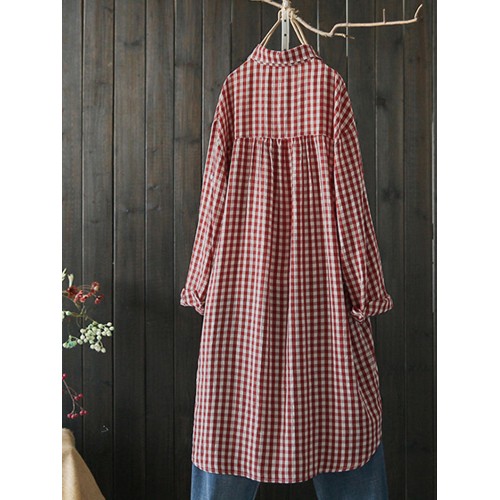 Casual Women Turn Down Collar Plaid Button Long Sleeve Blouse