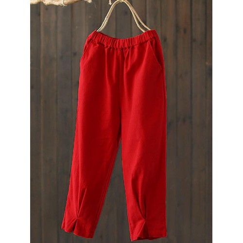 Vintage Women Cotton Linen Trousers Pants with Pocket