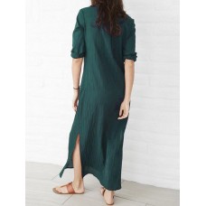 Women Pure Color Buttons Split Hem Maxi Shirt Dress