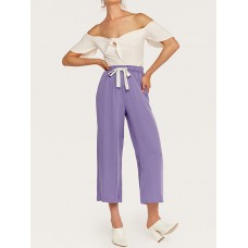 High Drawstring Waist Pure Color Wide Leg Pants