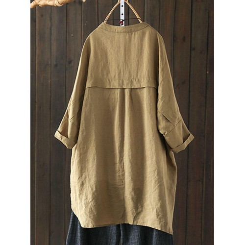 S-5XL Women Long Sleeve Button Down Cotton Asymmetric Vintage Blouse