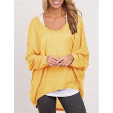 Casual Women Pure Color Crew Neck Long Sleeve Blouse