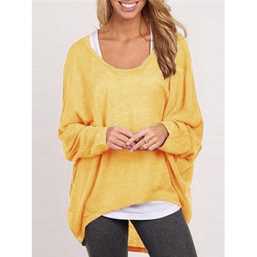 Casual Women Pure Color Crew Neck Long Sleeve Blouse