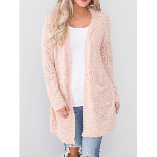 Casual Women Solid Color Fleece Cardigans with Pockets