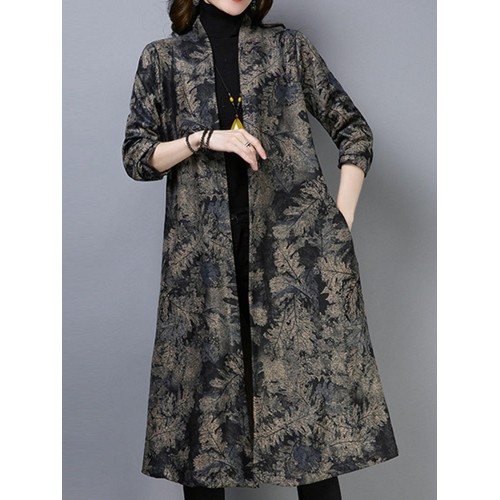 Vintage Women Cotton Folk Style Floral Print Long Cardigans