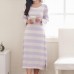 Cotton Stripe Homewear Nine Points Sleeve Split Leg Nightgown