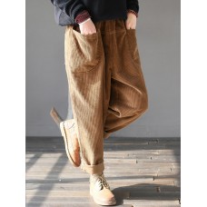 M-5XL Women Casual Pure Color Elastic Waist Corduroy Pants