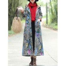 Vintage Women Floral Print Cotton Linen Button Hooded Long Coats with Pockets