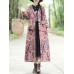 Vintage Women Floral Print Cotton Linen Button Hooded Long Coats with Pockets