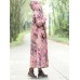 Vintage Women Floral Print Cotton Linen Button Hooded Long Coats with Pockets