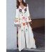 Vintage Women Folk Style Print V-Neck Split Hem Maxi Dress with Tassel