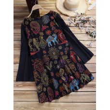 Ethnic Women Vintage Folk Style Print Patchwork Long Sleeve Blouse