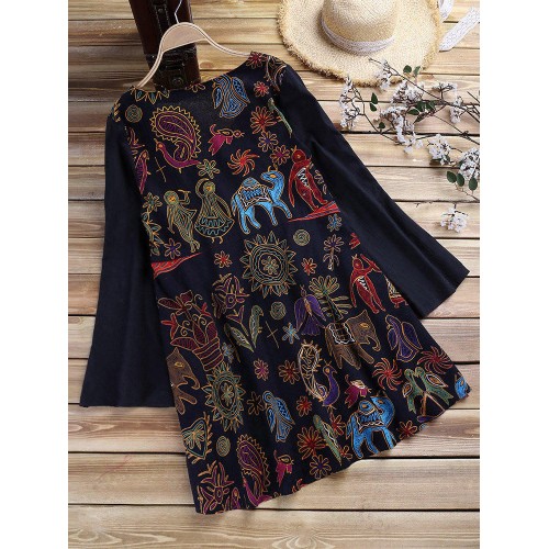 Ethnic Women Vintage Folk Style Print Patchwork Long Sleeve Blouse