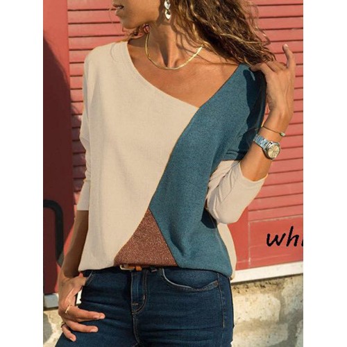 S-5XL Casual Women Color Patchwork Asymmetrical Collar Long Sleeve Blouse