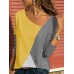 S-5XL Casual Women Color Patchwork Asymmetrical Collar Long Sleeve Blouse