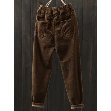 Women Casual Pure Color Elastic Waist Corduroy Pants