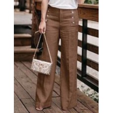 Women Casual Cotton Linen Solid Color High Waist Button Pants