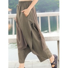 Wide Leg Women Cotton Linen Solid Color Elastic Waist Irregular Pants