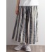 Vintage Women Cotton Linen Striped Elastic Waist Trousers Pants