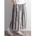 Vintage Women Cotton Linen Striped Elastic Waist Trousers Pants