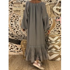 Retro Women Loose Solid V-Neck Lace Patchwork Long Sleeve Maxi Dress