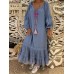 Retro Women Loose Solid V-Neck Lace Patchwork Long Sleeve Maxi Dress