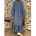 Retro Women Loose Solid V-Neck Lace Patchwork Long Sleeve Maxi Dress