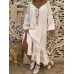 Retro Women Loose Solid V-Neck Lace Patchwork Long Sleeve Maxi Dress