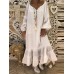 Retro Women Loose Solid V-Neck Lace Patchwork Long Sleeve Maxi Dress