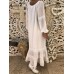 Retro Women Loose Solid V-Neck Lace Patchwork Long Sleeve Maxi Dress